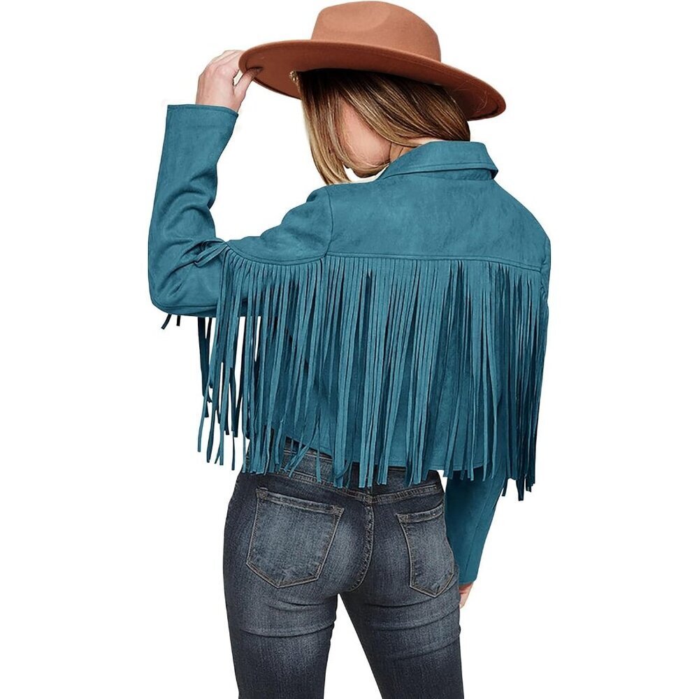 Women's Lake Blue Fringe Suede Leather Jackets Fall Fashion Tassel Motorcycle